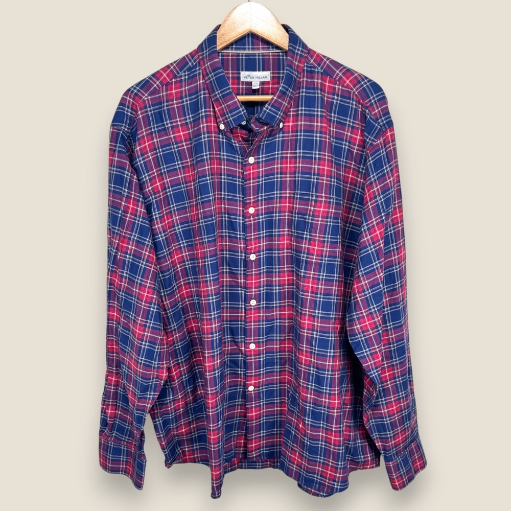 Peter Millar Scripps Autumn Sport Shirt Men 2XL Red Blue Button‎ Down Cotton
